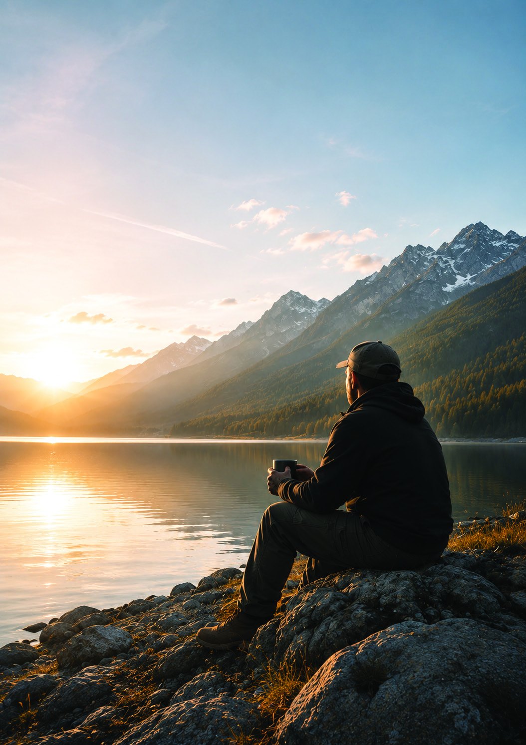 A man sitting alone on the rocks at an alpine lake at sunrise, holding a mug and looking out at the mountains