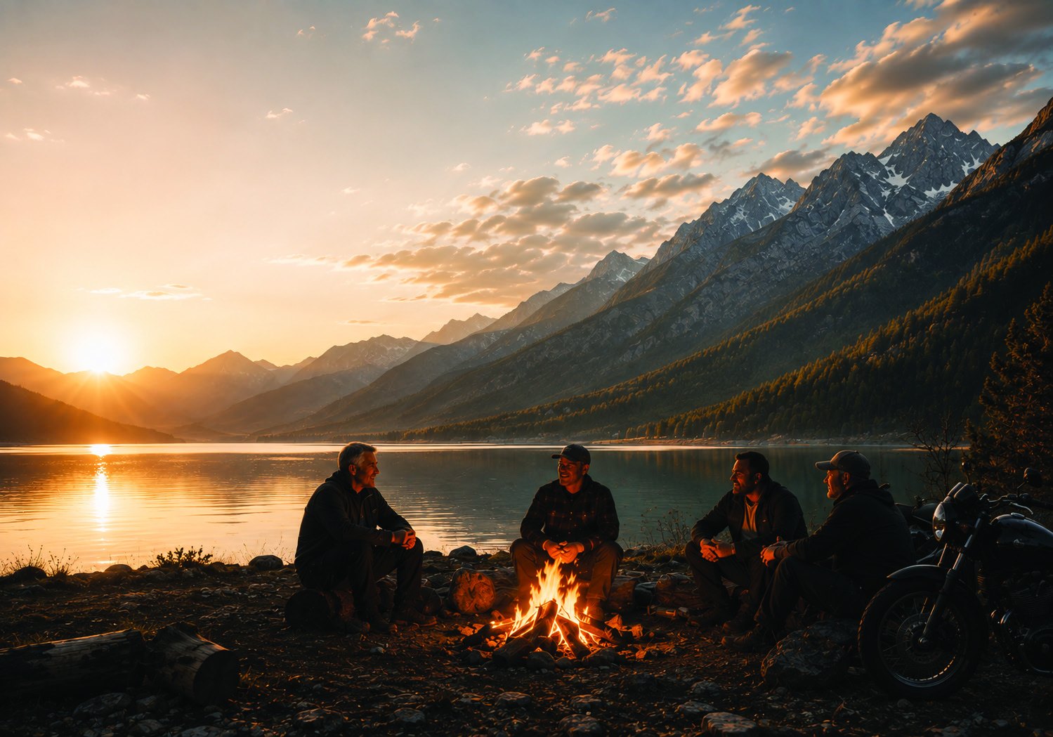 Four men sitting and talking around a campfire beside a mountain lake at sunset