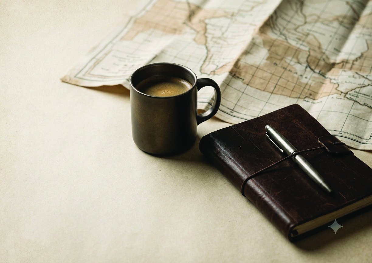 A mug of coffee beside a folded map and a leather journal with a pen